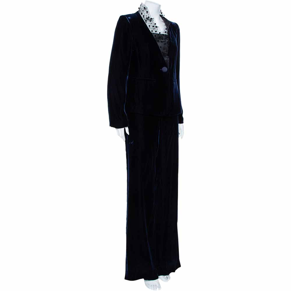 

Armani Collezioni Midnight Blue Velvet Embellished Mesh Collar Blazer & Wide Leg Pants, Navy blue