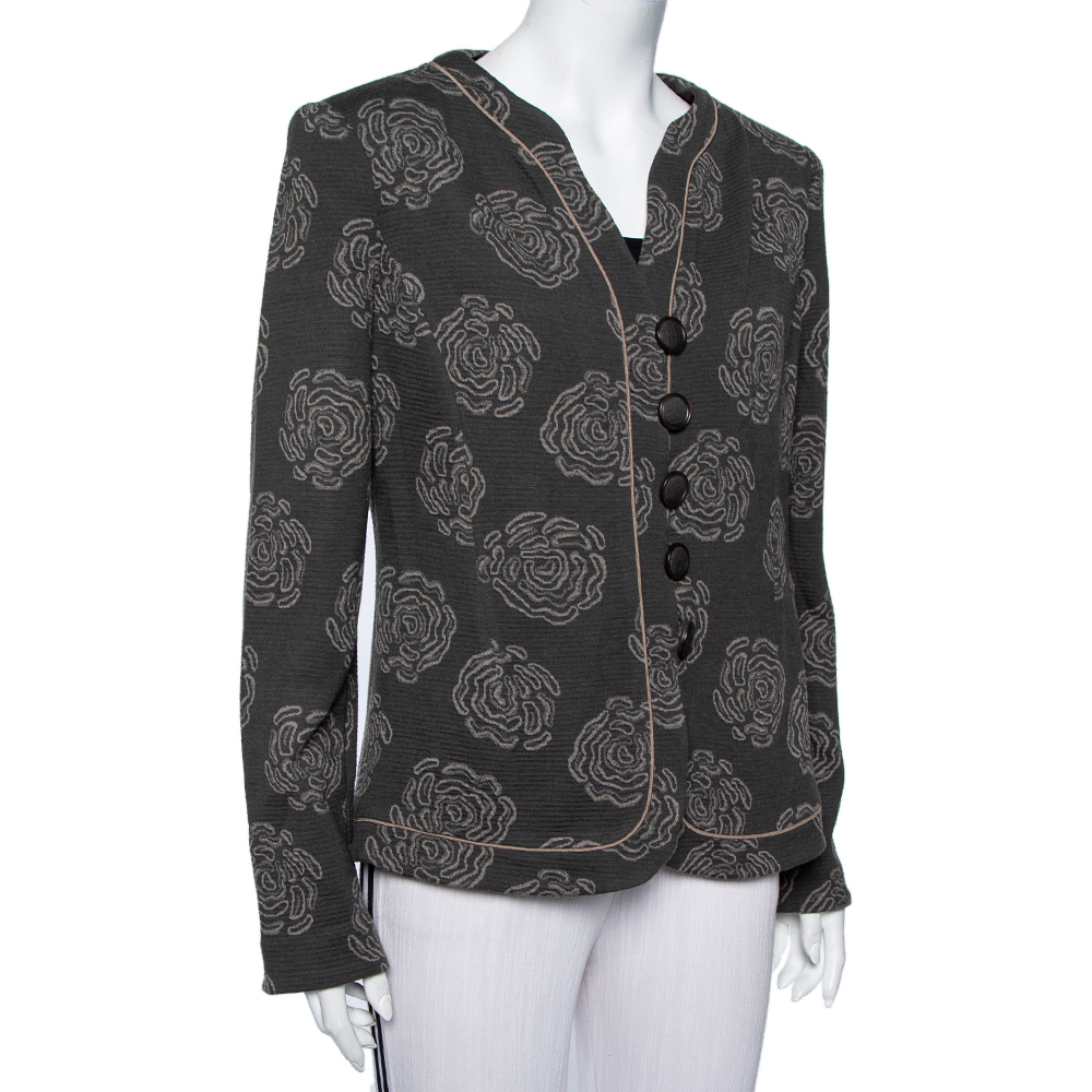 

Armani Collezioni Grey Italian Rose Jacquard Knit Button Front Blazer