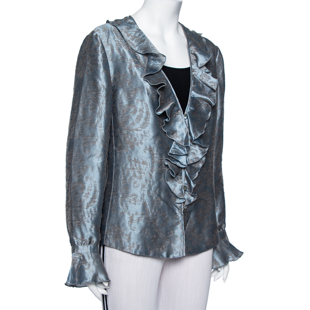 

Armani Collezioni Grey Floral Jacquard Ruffled Button Front Jacket