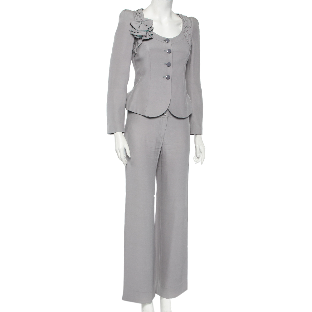 

Armani Collezioni Grey Crepe Bow Detail Collarless Jacket & Straight Leg Trousers