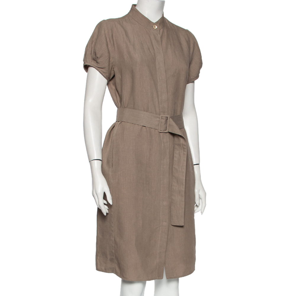 

Armani Collezioni Taupe Linen Belted Midi Shirt Dress, Brown