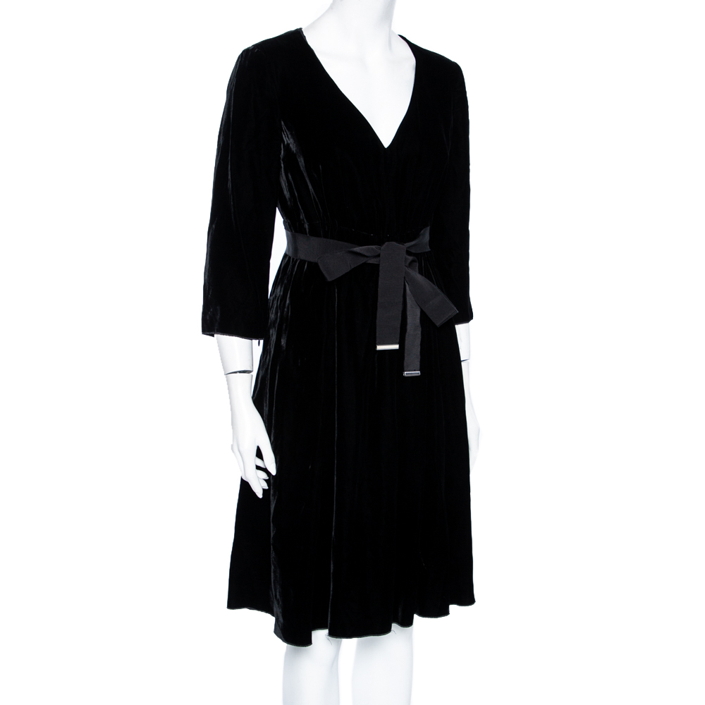 

Armani Collezioni Black Velvet Gathered Waist Detail Belted Dress