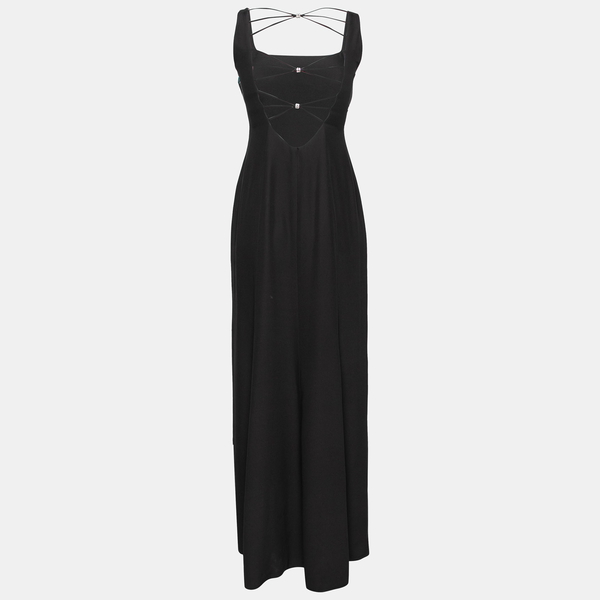 

Armani Collezioni Black Acetate Back Embellished Side Slit Maxi Dress