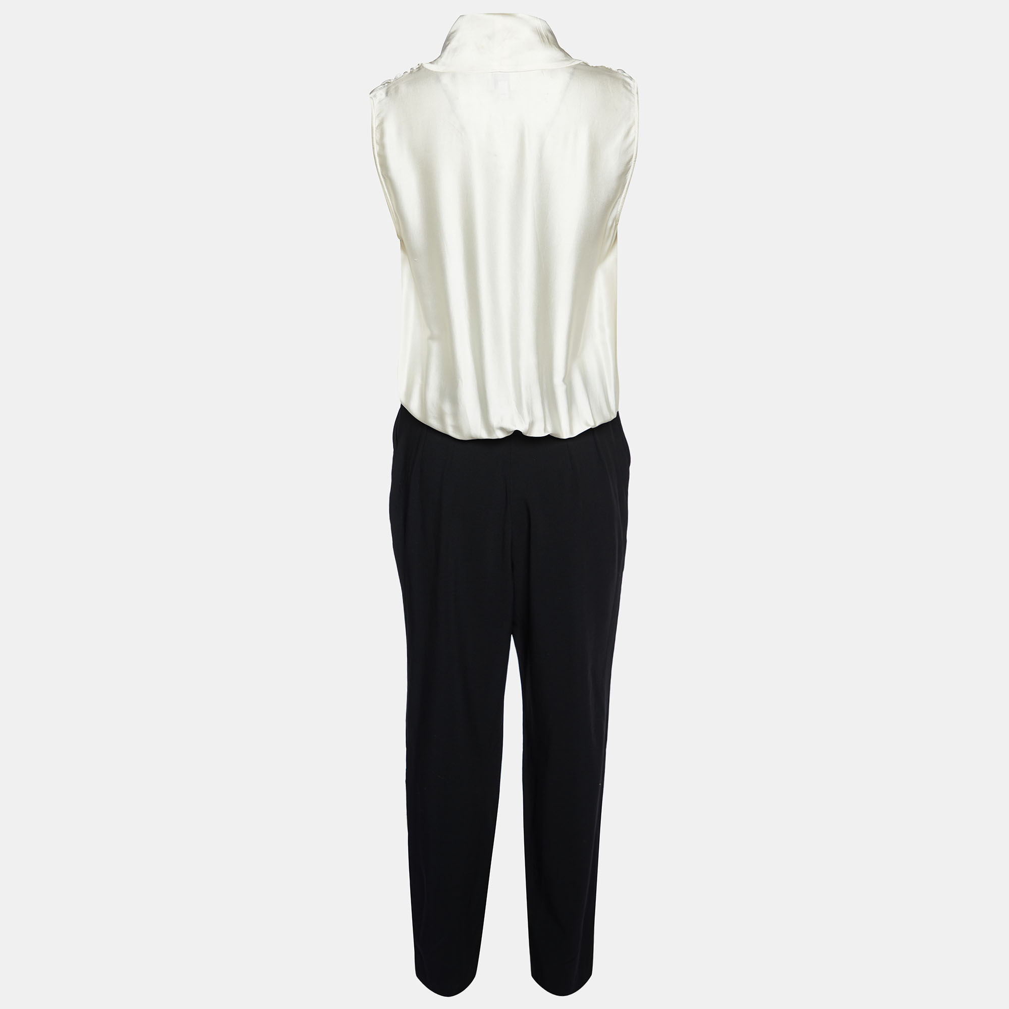 

Armani Collezioni Off-White Silk & Black Crepe Draped Neck Jumpsuit