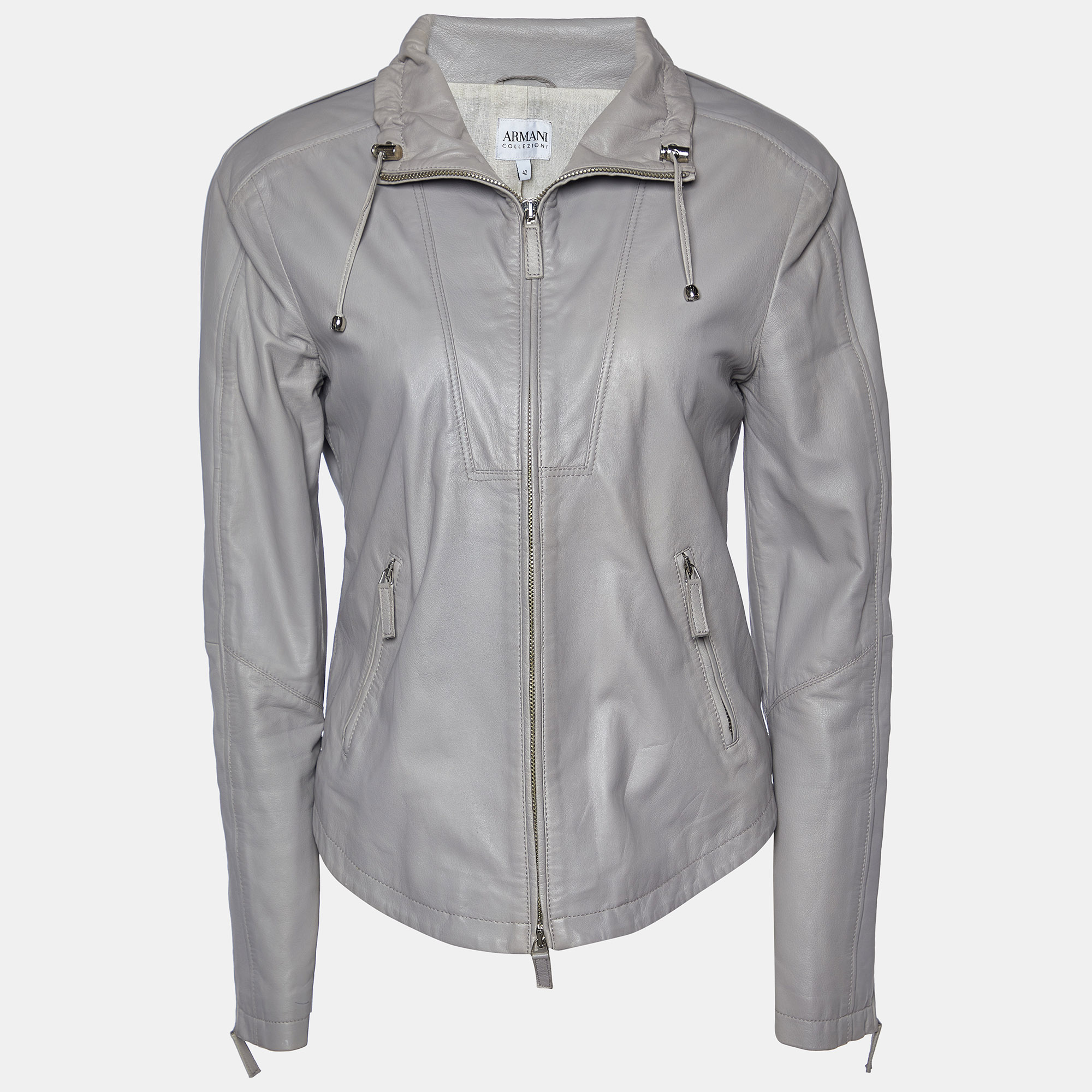 Pre-owned Armani Collezioni Grey Leather Zip Up Jacket M