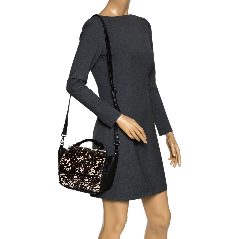 

Armani Exchange Black/Brown Leopard Print Calfhair and Leather Top Handle Bag