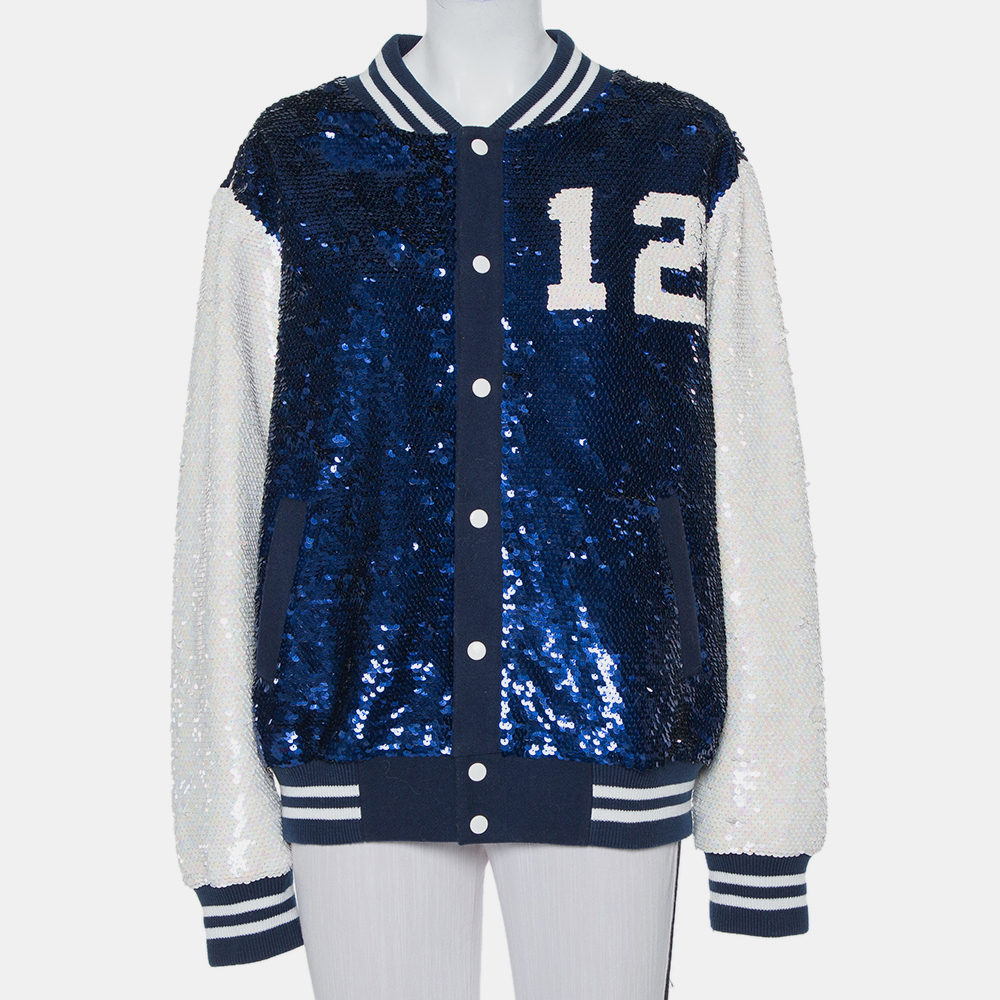 Pre-owned Ashish Navy Blue & White Sequin Embellished Button Front Jacket M