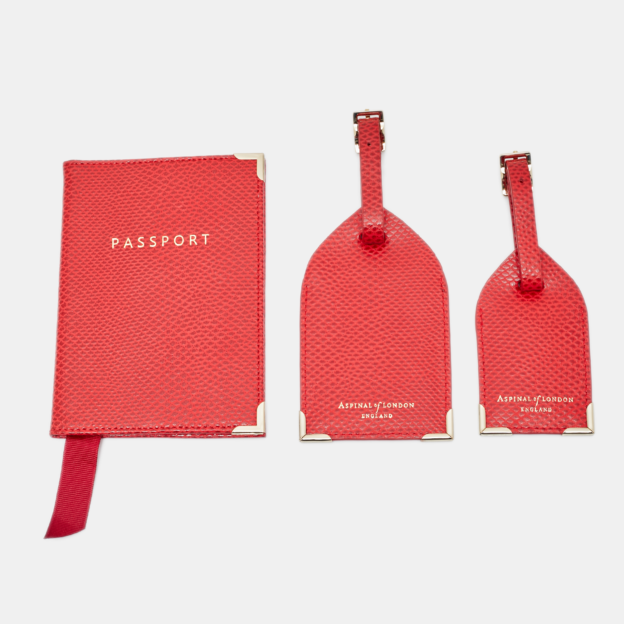 Pre-owned Aspinal Of London Red Lizard Embossed Leather Passport And Luggage Tag Set