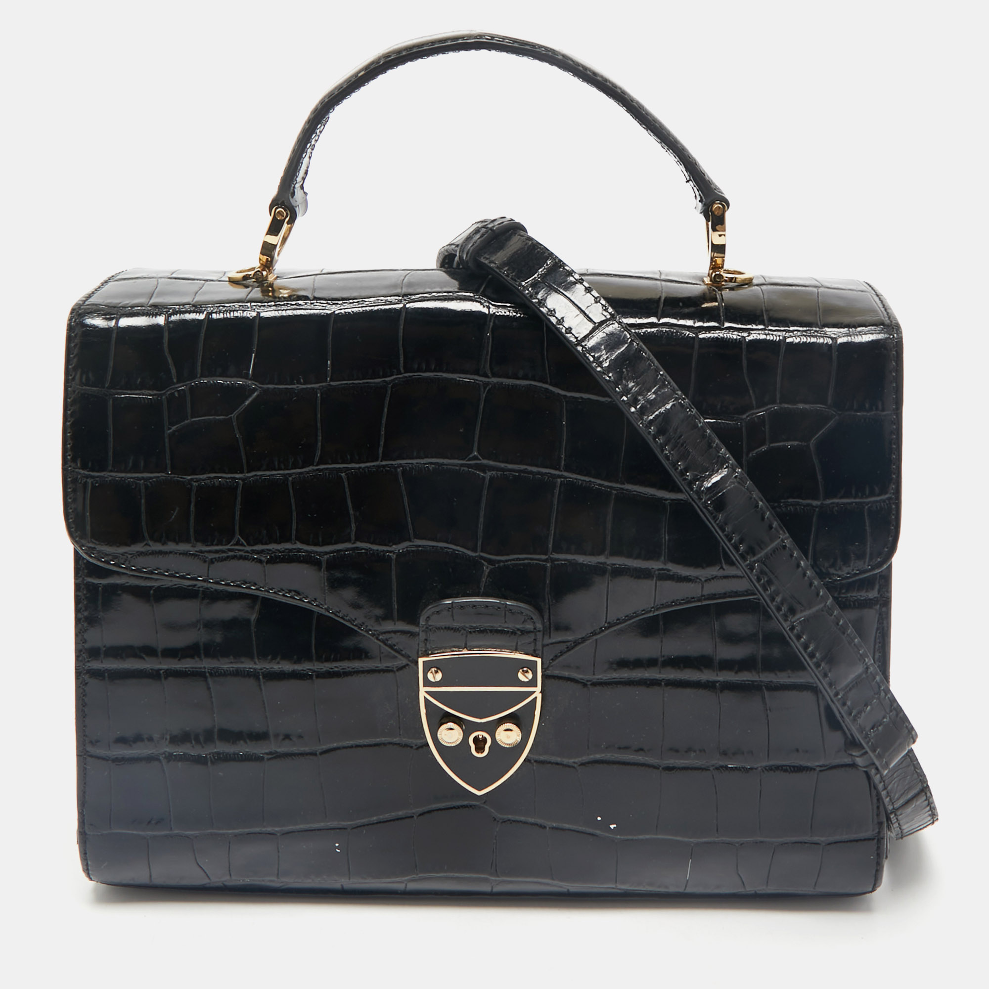 

Aspinal Of London Black Croc Embossed Leather Mayfair Top Handle Bag
