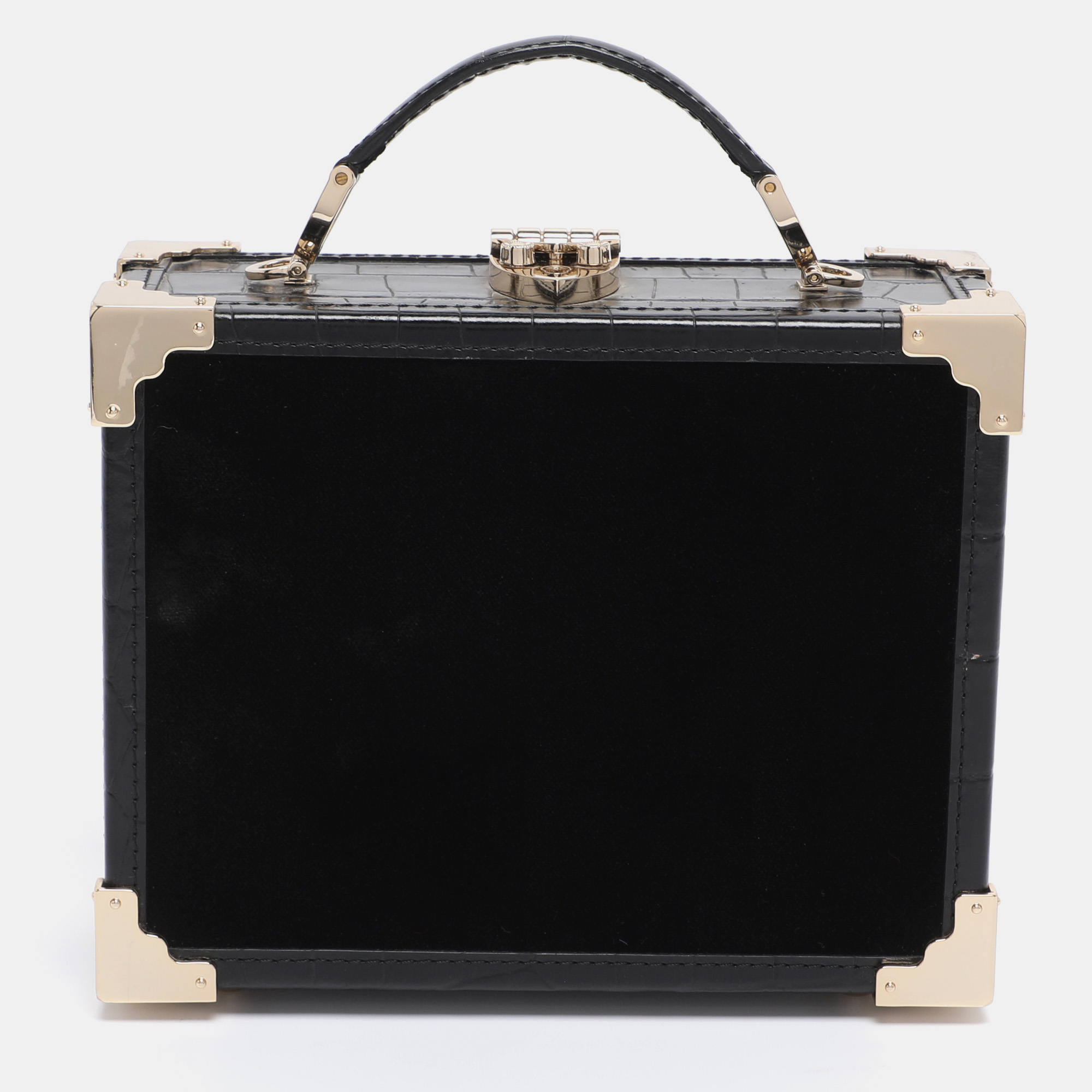 

Aspinal of London Black Croc Embossed Leather and Velvet Trinket Top Handle Bag