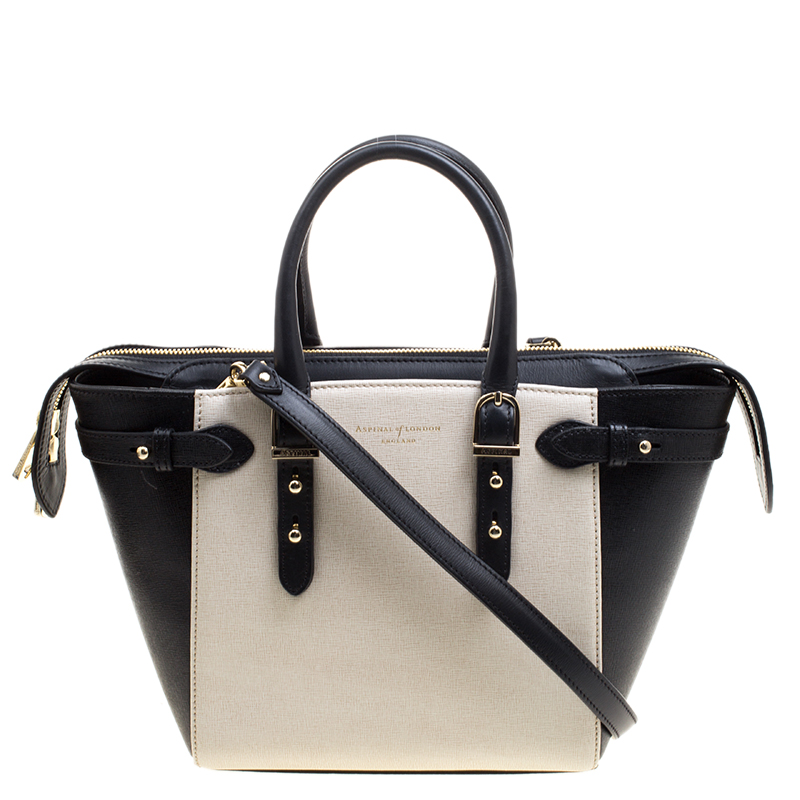 Pre Owned Aspinal Of London Beige/Black Leather Mini Marylebone Tote