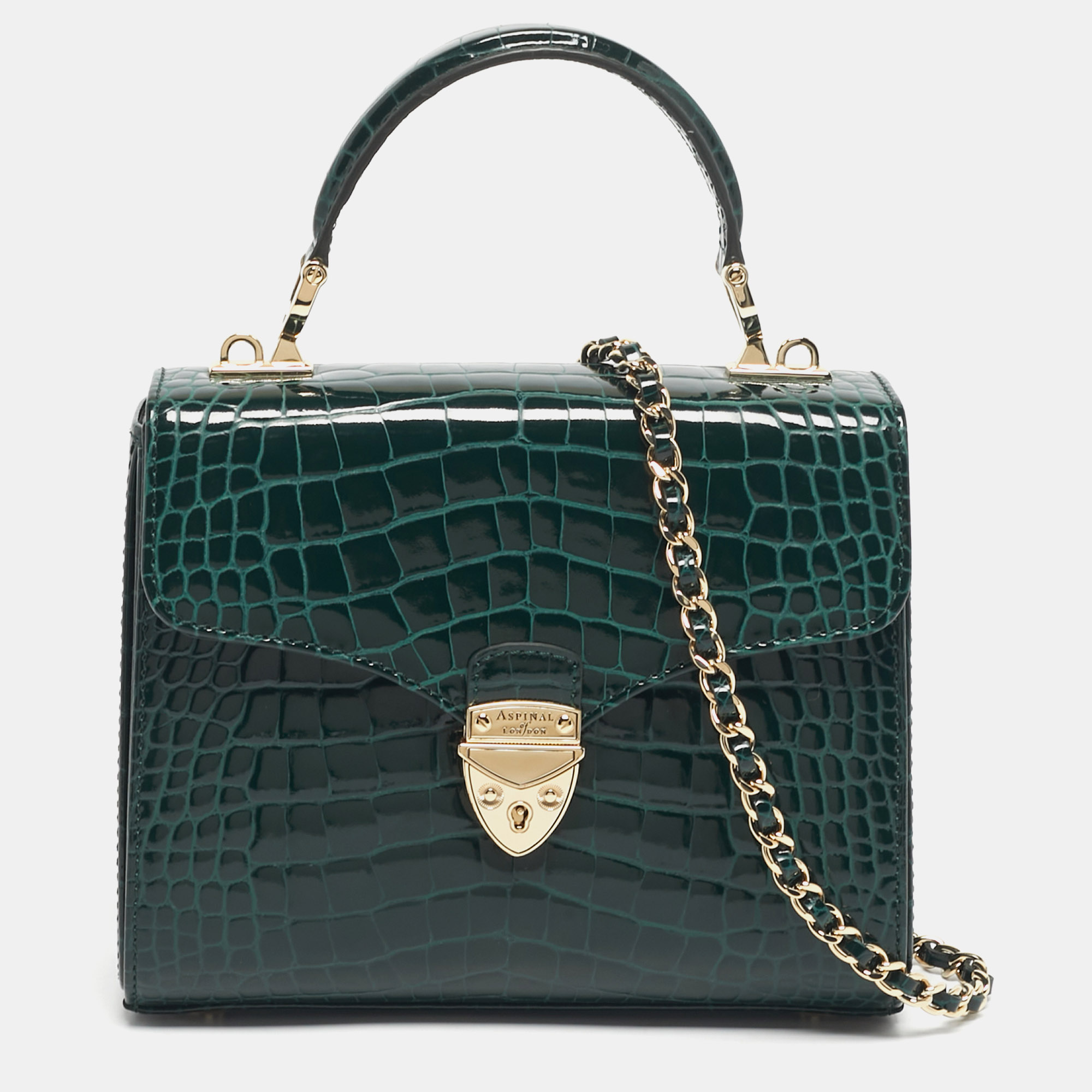 Pre-owned Aspinal Of London Green Croc Embossed Patent Leather Small Mayfair Top Handle Bag