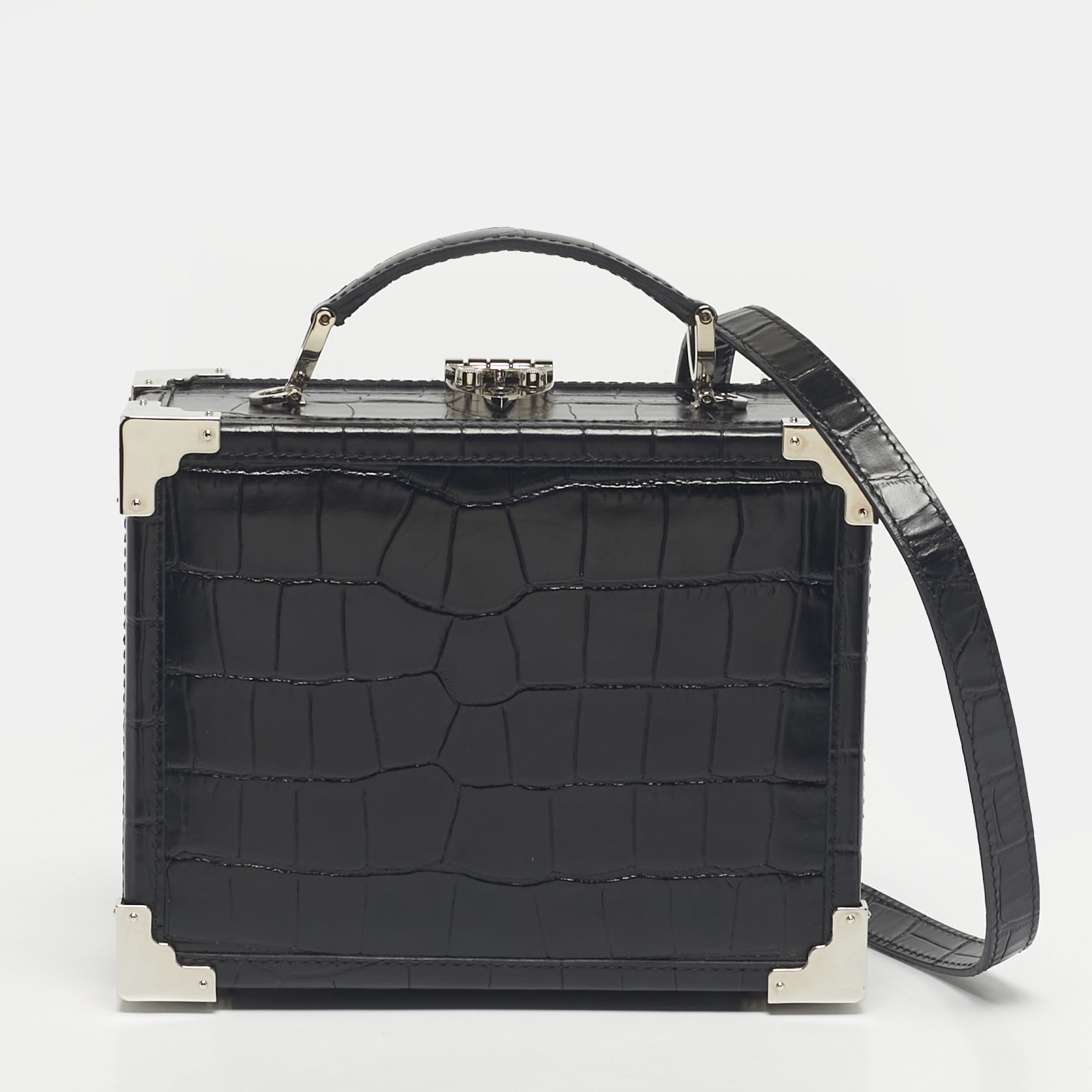 

Aspinal Of London Black Croc Embossed Leather Trunk Top Handle Bag