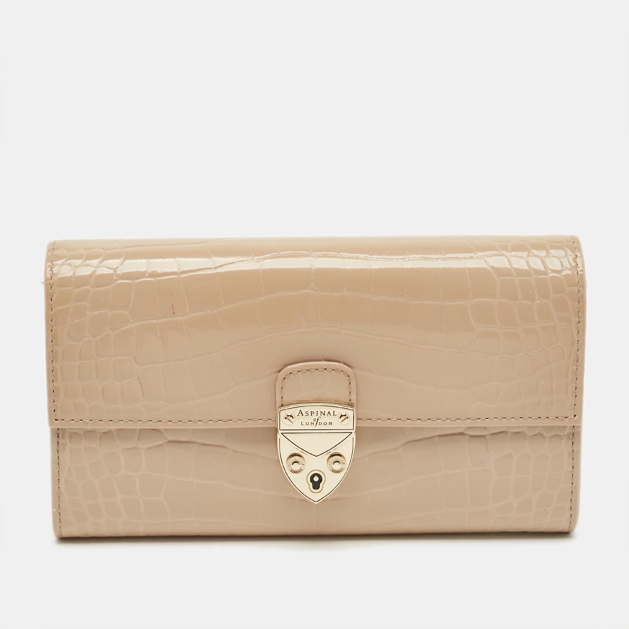 

Aspinal Of London Mayfair Beige Croc Embossed Patent Leather Continental Wallet