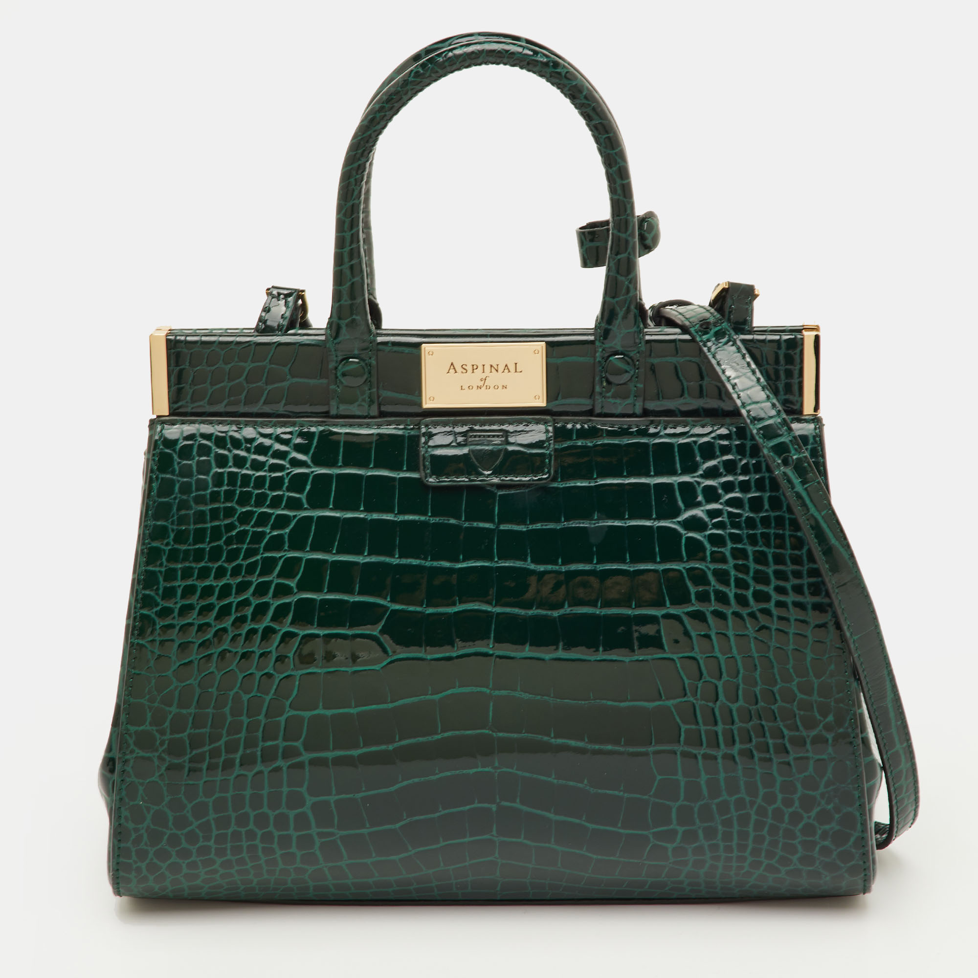 Pre-owned Aspinal Of London Florence Frame Dark Green Croc Embossed Patent Leather Satchel