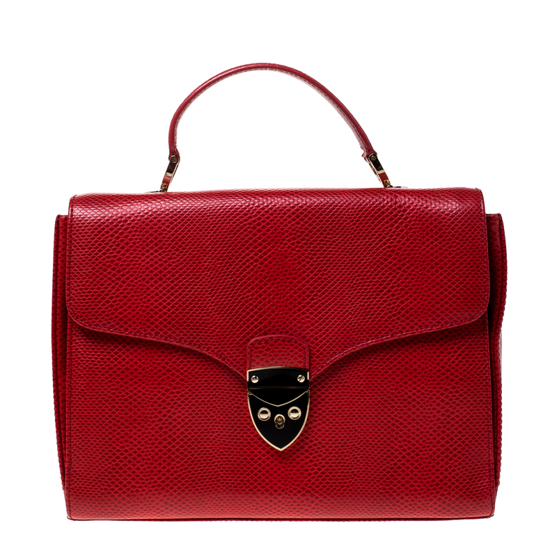 Aspinal Of London Red Lizard Embossed Leather Mayfair Top Handle Bag