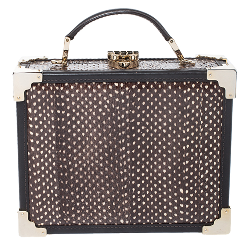 Aspinal Of London Brown/White Snakeskin Effect Leather Trunk Top Handle Bag