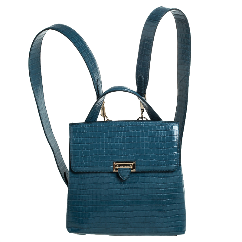 Aspinal of London Blue Croc Embosed Leather Soho Backpack 