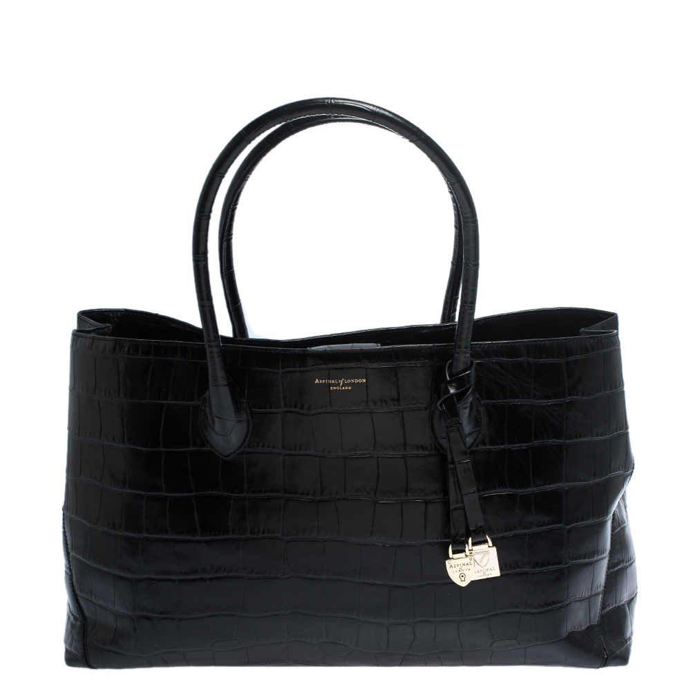 Pre Owned Aspinal Of London Black Croc Embossed Leather The London Tote