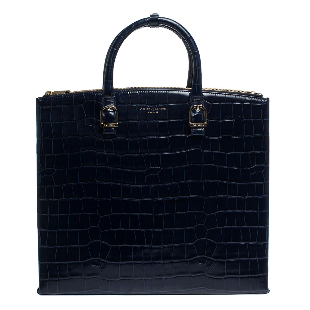 Aspinal Of London Midnight Blue Croc Embossed Leather Madison Tote
