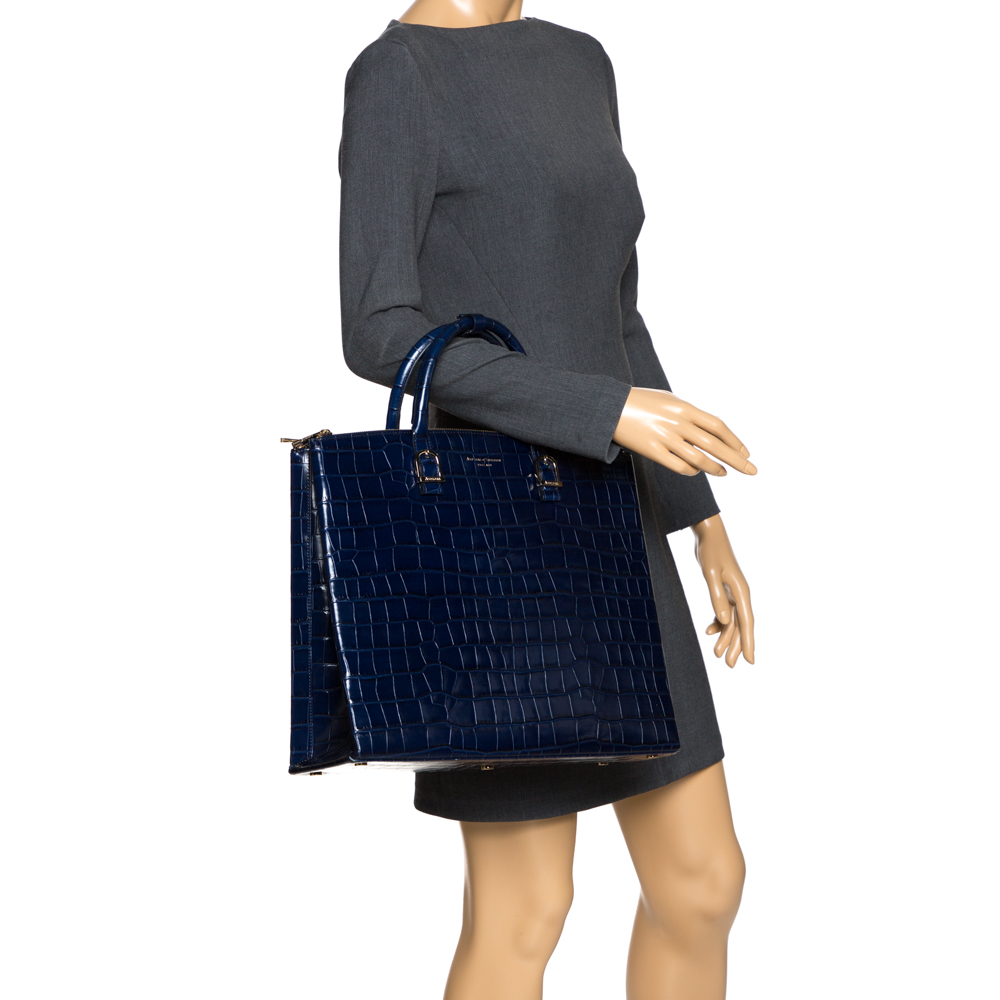 

Aspinal Of London Midnight Blue Croc Embossed Leather Madison Tote