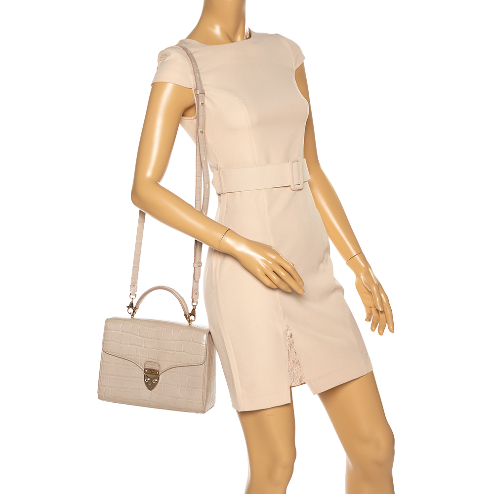 

Aspinal Of London Beige Croc Embossed Leather Mayfair Top Handle Bag