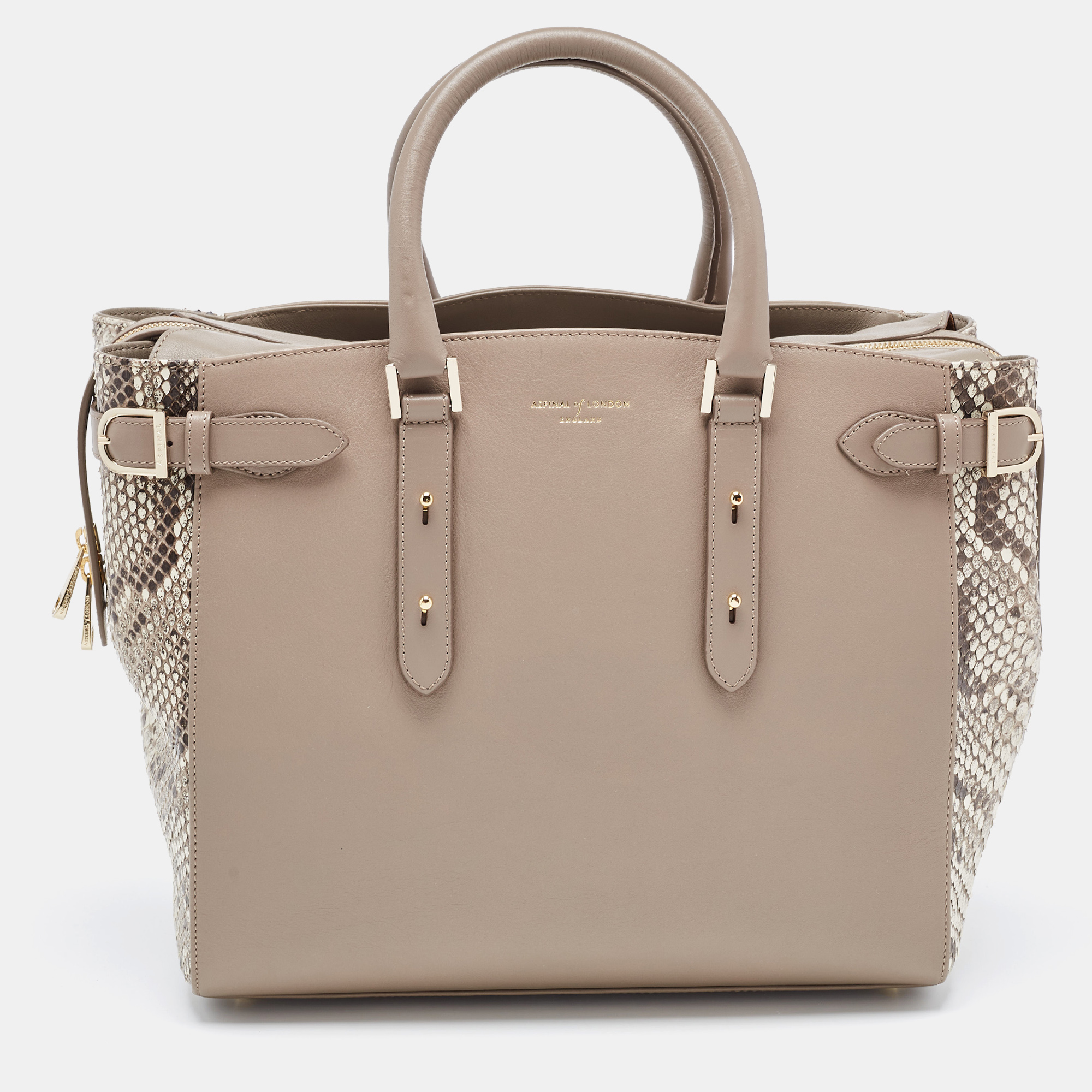 Pre-owned Aspinal Of London Beige Python Embossed And Leather Large Marylebone Tech Tote