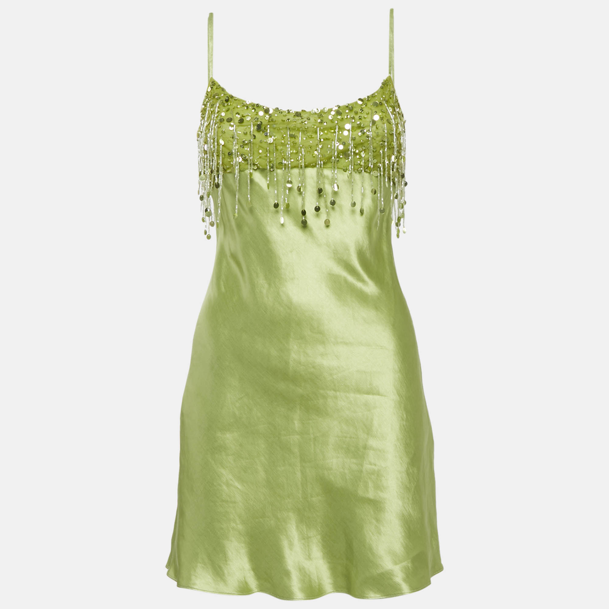 

Asta Resort Green Hand Beaded Linen Blend Yasmin Mini Dress M