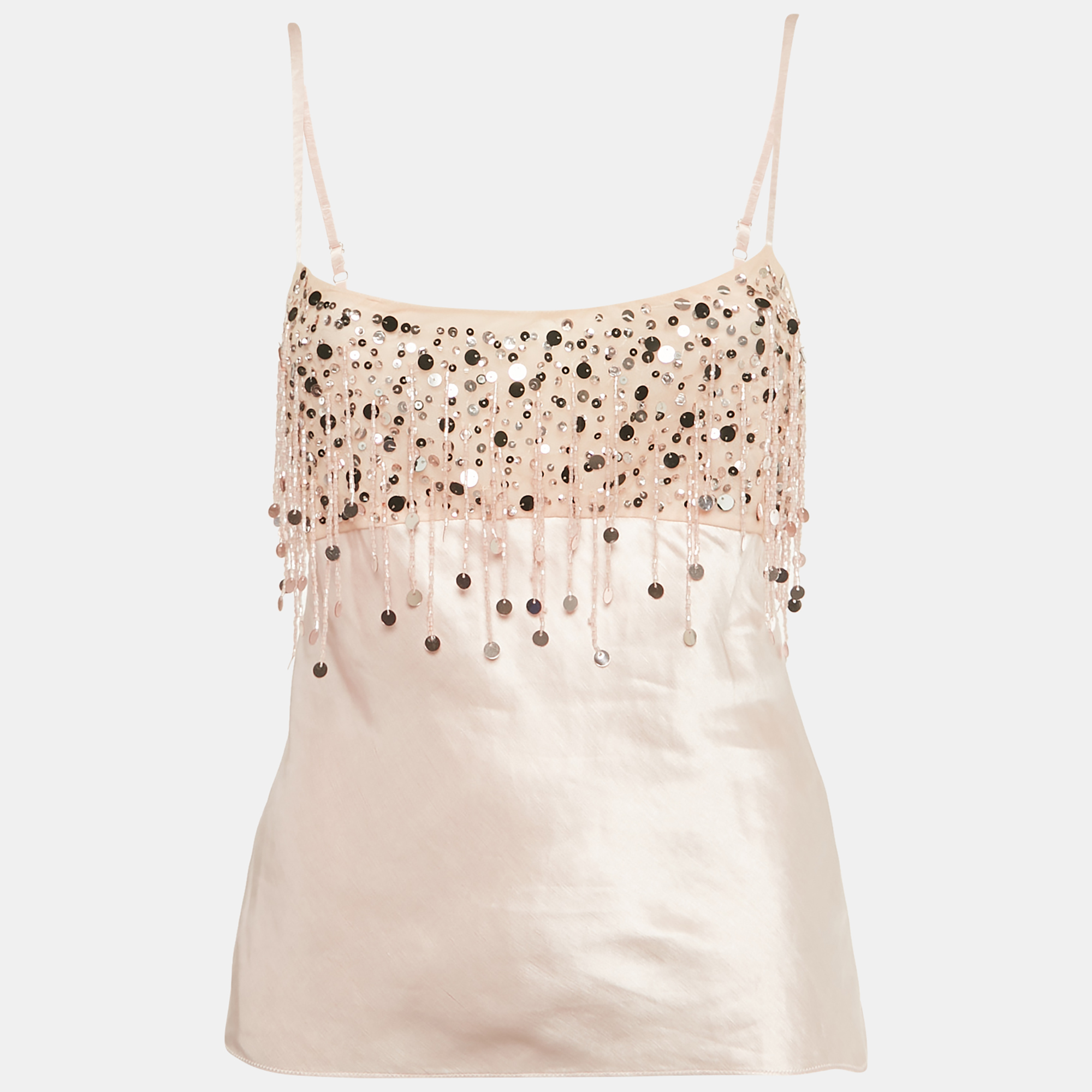 Pre-owned Asta Resort Pink Embellished Detail Linen Blend Yasmin Tank Top M