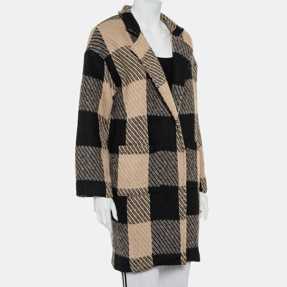 

Astr The Label Black & Beige Checkered Wool Open Front Cora Coat