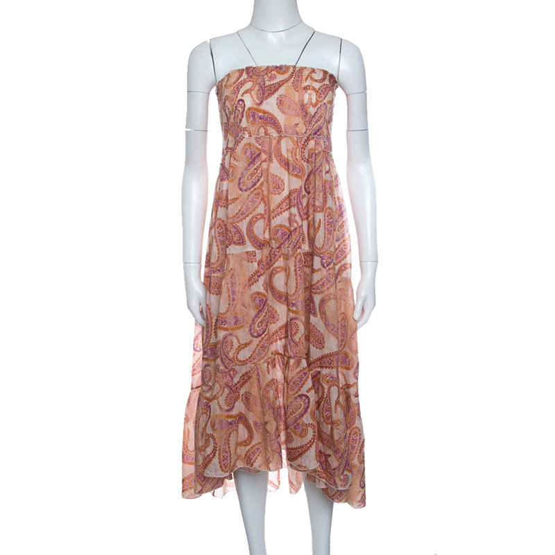 Atos Lombardini Multicolor Paisley Print Smocked Hem Strapless Dress M
