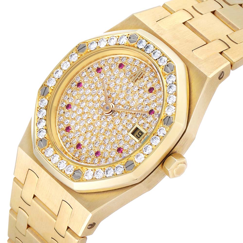 

Audemars Piguet Champagne Diamond And Rubies 18K Yellow Gold Royal Oak Watch 14587 Women's Wristwatch 30 MM