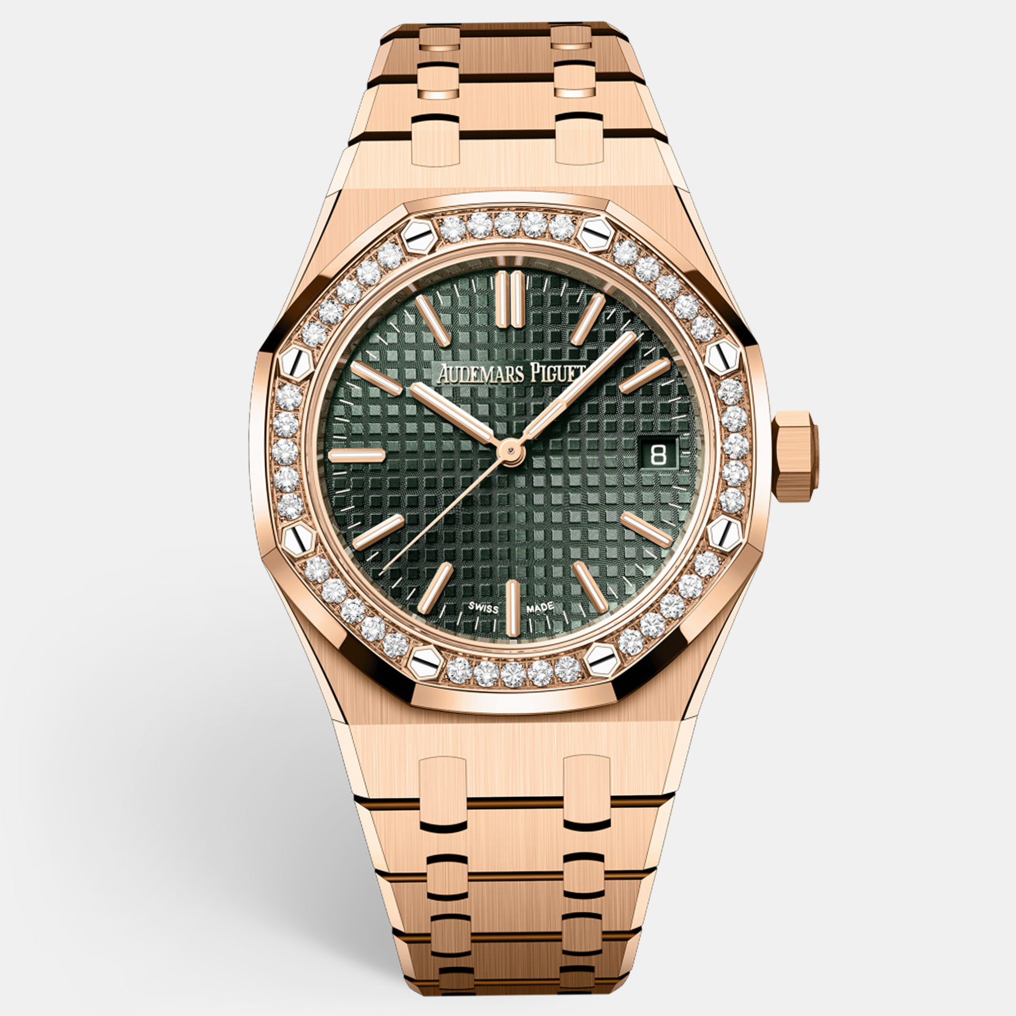 Pre-owned Audemars Piguet Green 18k Rose Gold Royal Oak 15551or - 50th Anniversary Women's Wristwatch 37 Mm