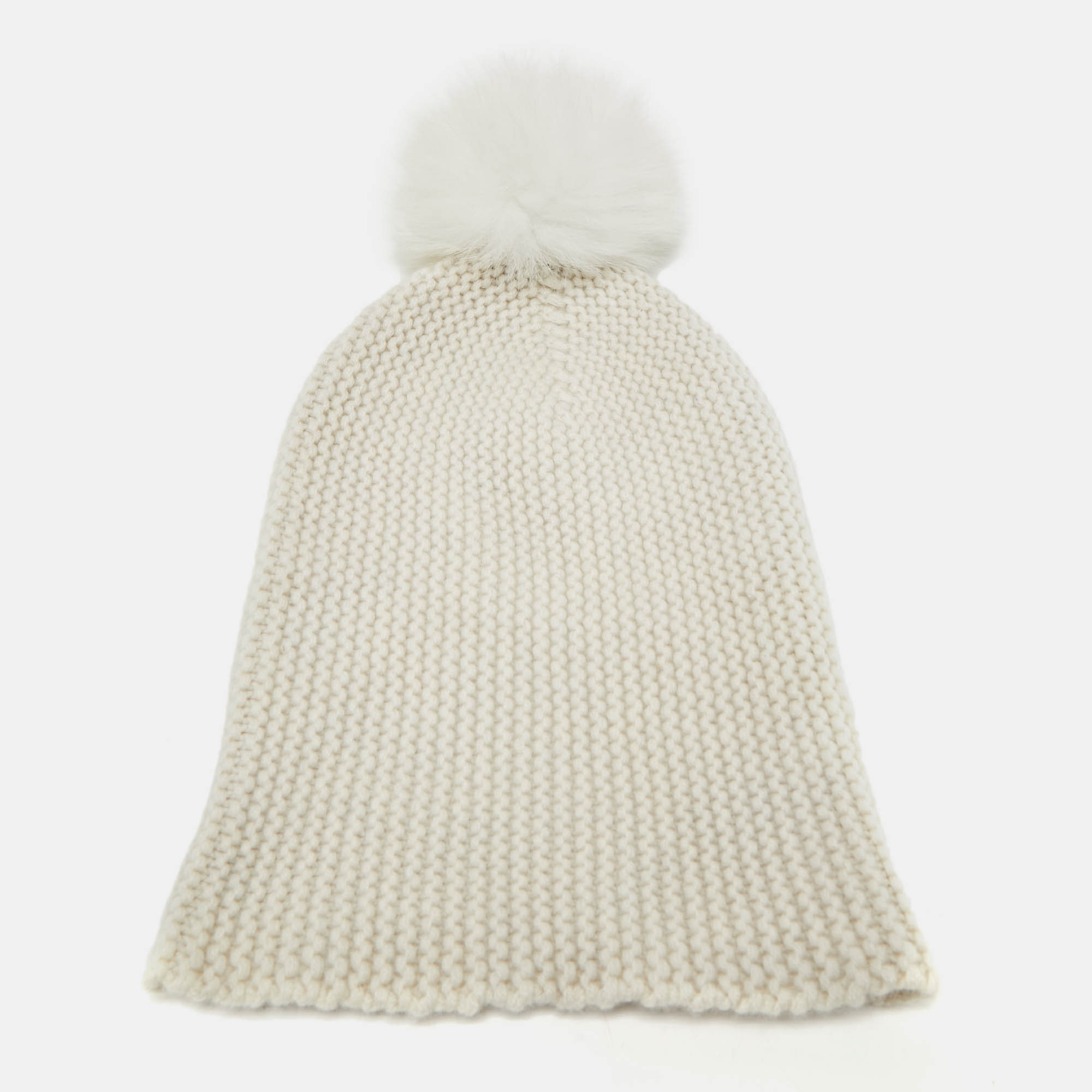 

Autumn Cashmere White Purl Knit Fox Fur Pom Pom Beanie