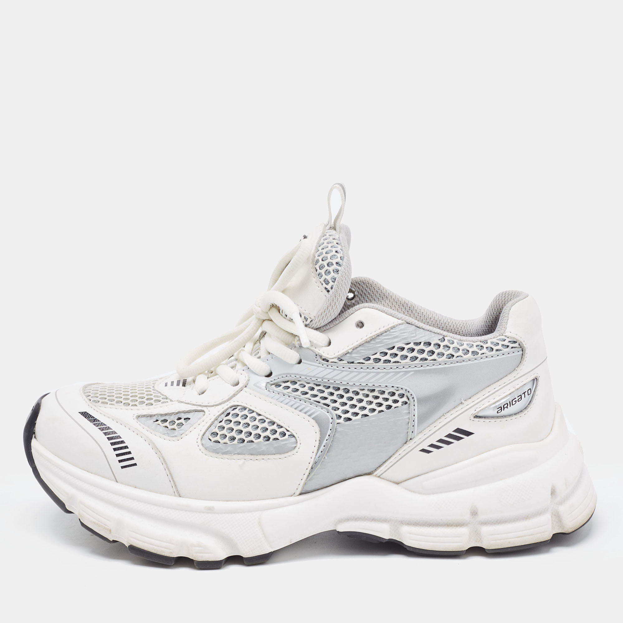 Pre Owned Axel Arigato White/Grey Leather and Mesh Marathon Runner Sneakers Size 35