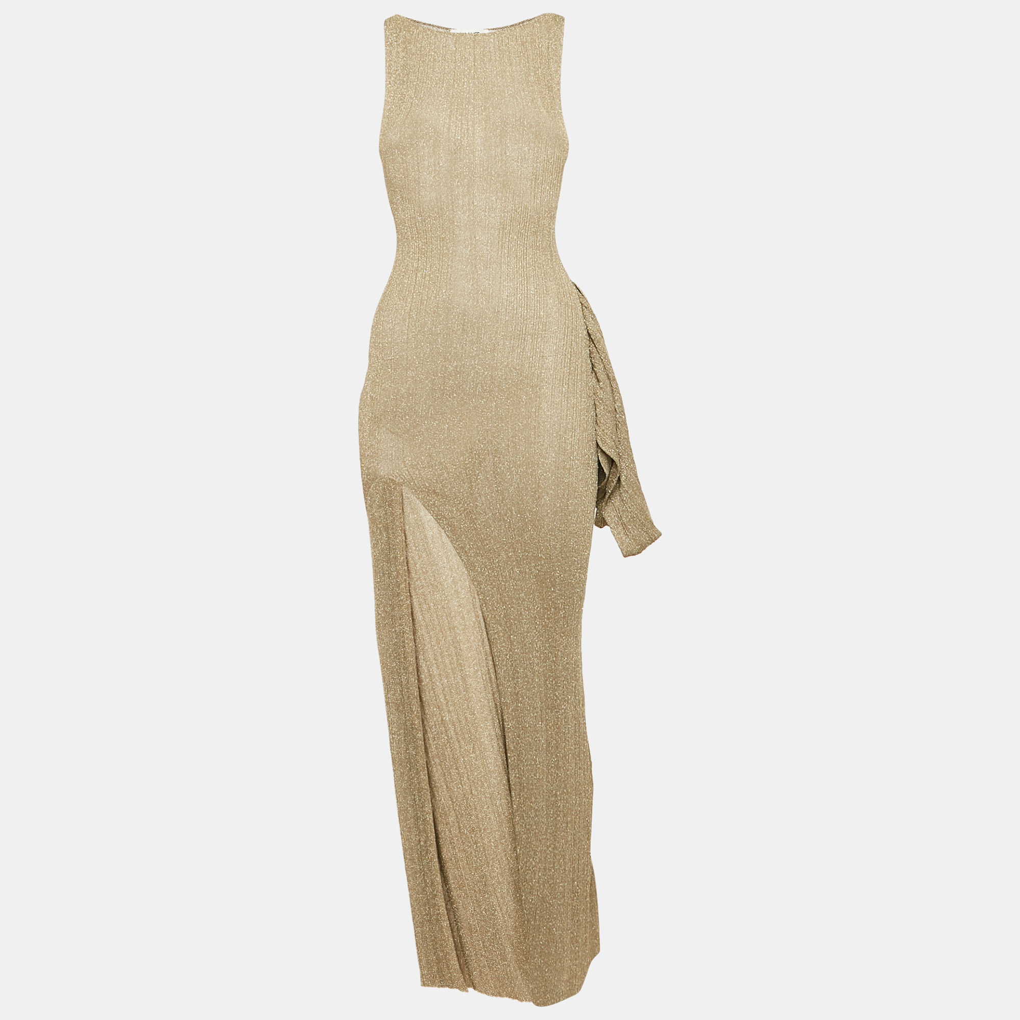 Pre-owned Aya Muse Kei Beige Lurex Knit Maxi Evening Dress Xs In Sand