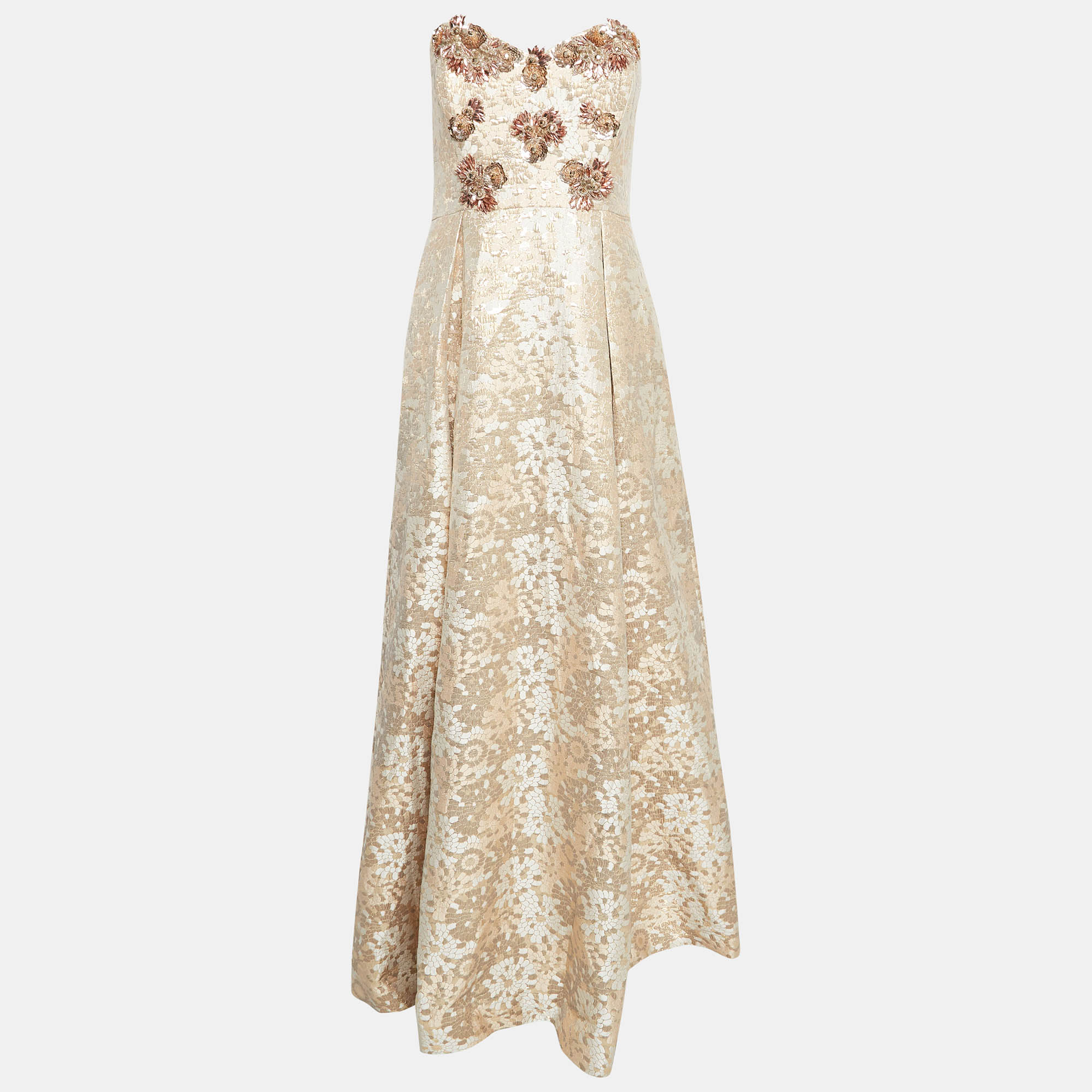 

Badgley Mischka Rose Gold Floral Motif Brocade Sequin Detail Strapless Gown L