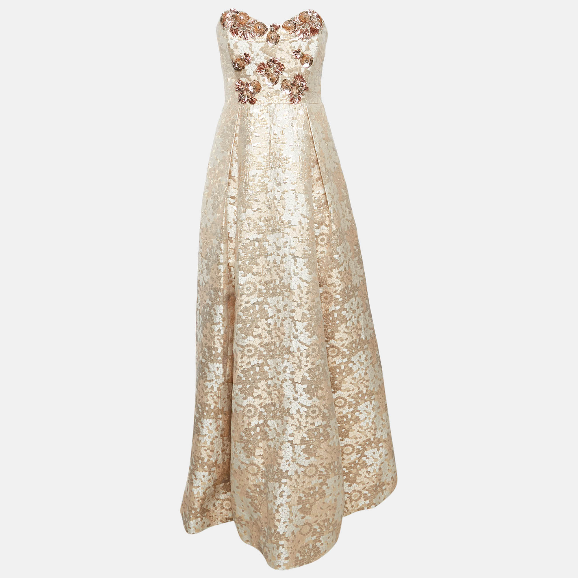 

Badgley Mischka Rose Gold Sequin Embellished Brocade Strapless Gown M