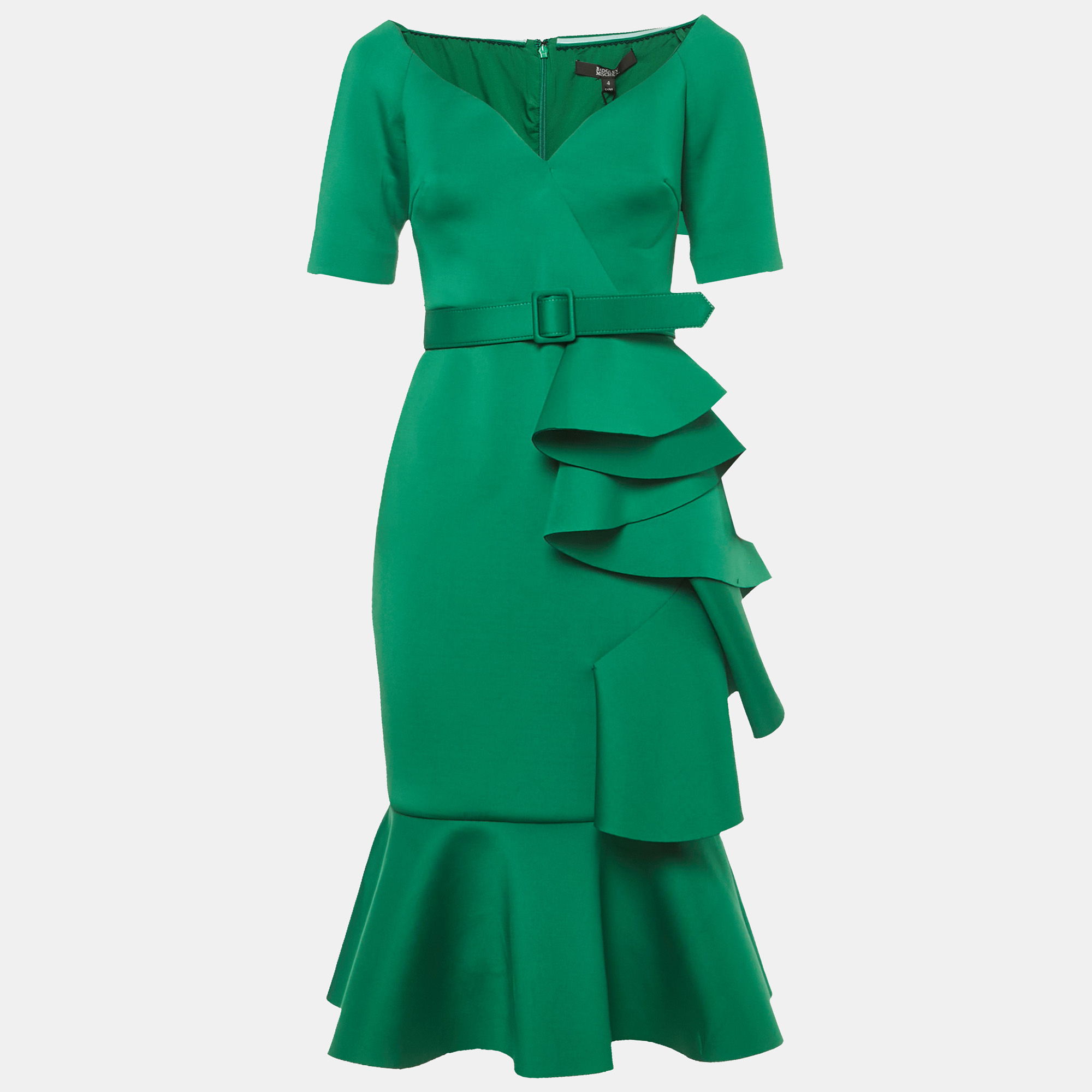 

Badgley Mischka Green Neoprene Ruffled Midi Dress S