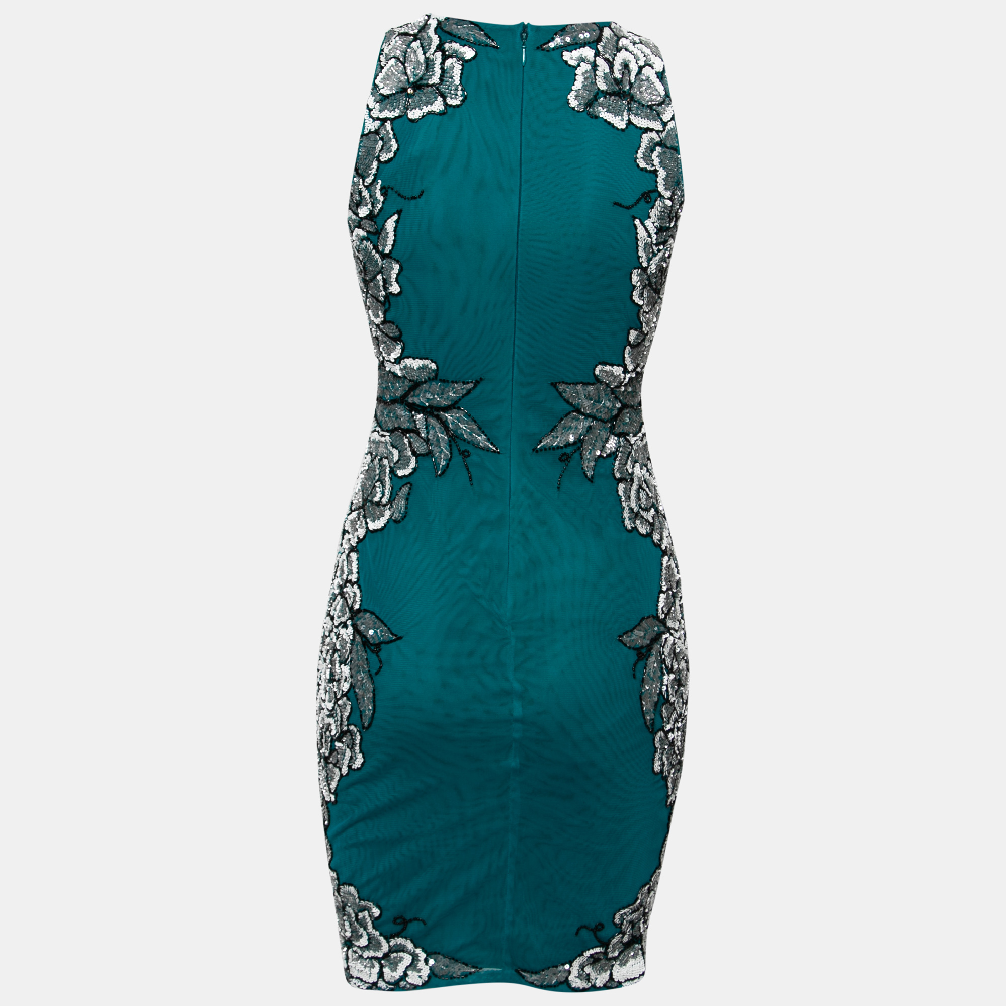 

Badgley Mischka Collection Teal Green Floral Sequin Embellished Sleeveless Cocktail Dress
