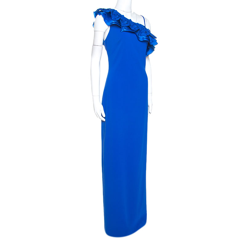 

Badgley Mischka Blue Crepe Ruffle Detail One Shoulder Evening Gown