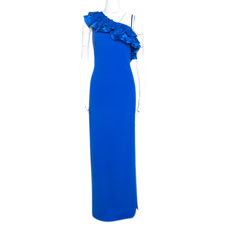 Pre Owned Badgley Mischka Blue Crepe Ruffle Detail One Shoulder Evening Gown S