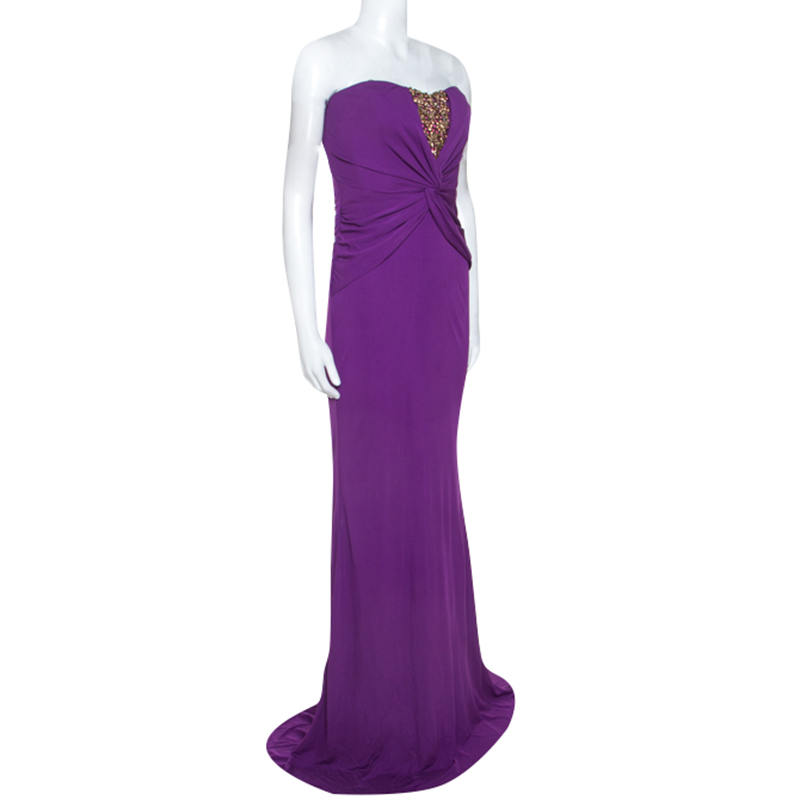 

Badgley Mischka Purple Stretch Embellished Twisted Detail Gown