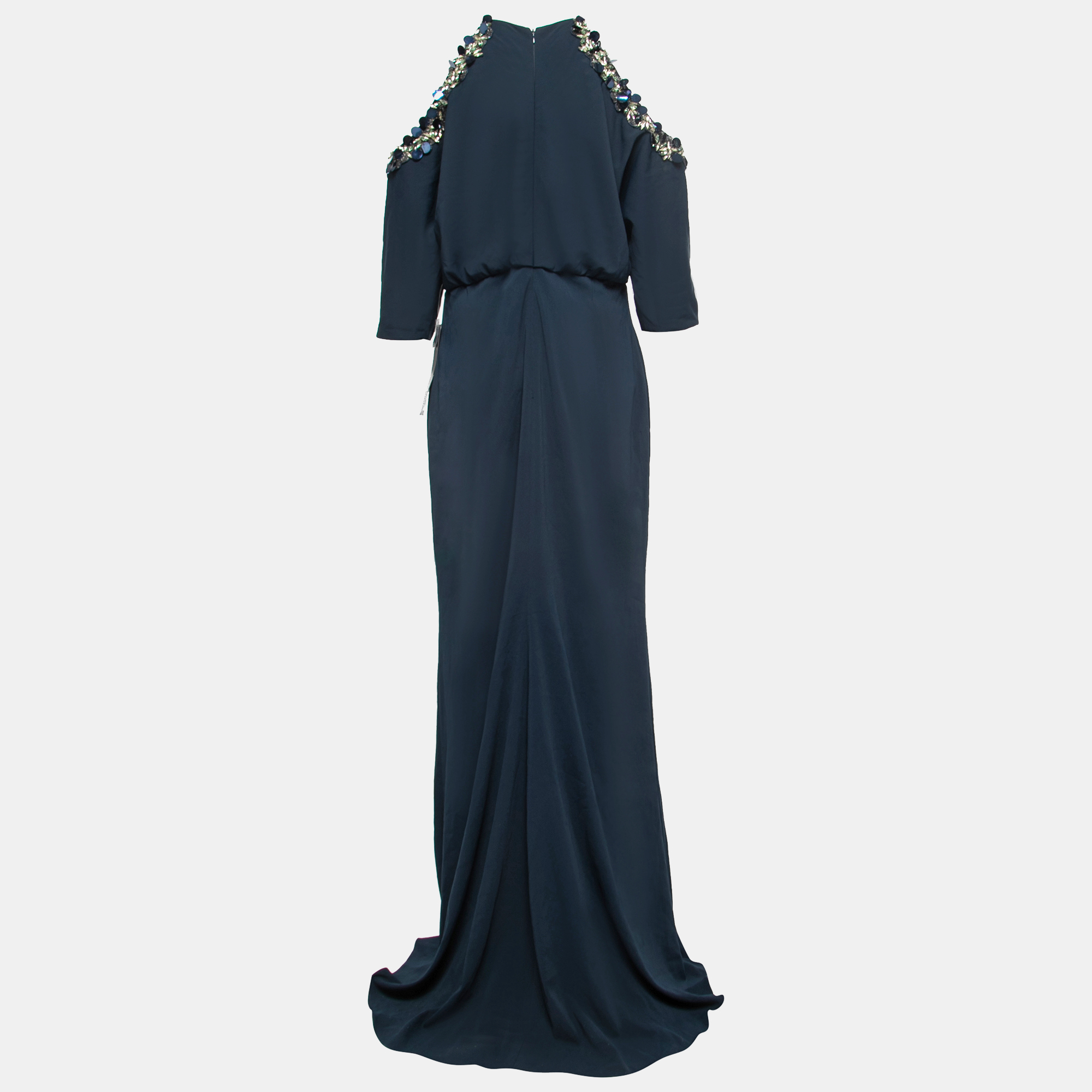 

Badgley Mischka Navy Blue Crepe Embellished Gown