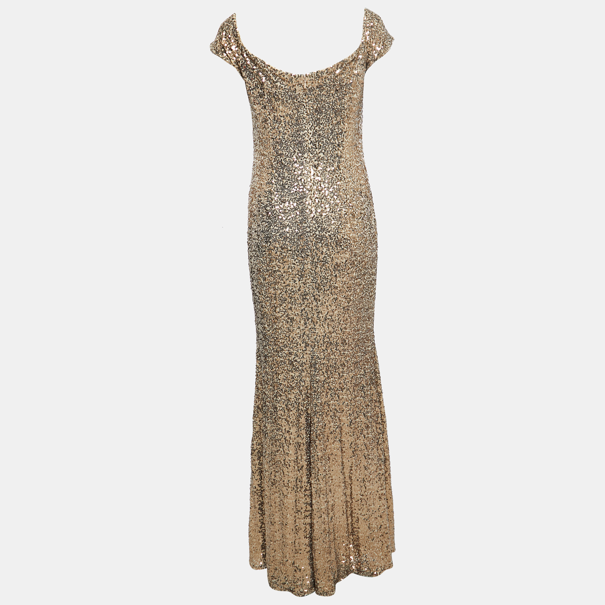 

Badgley Mischka Gold Sequin Off Shoulder Gown