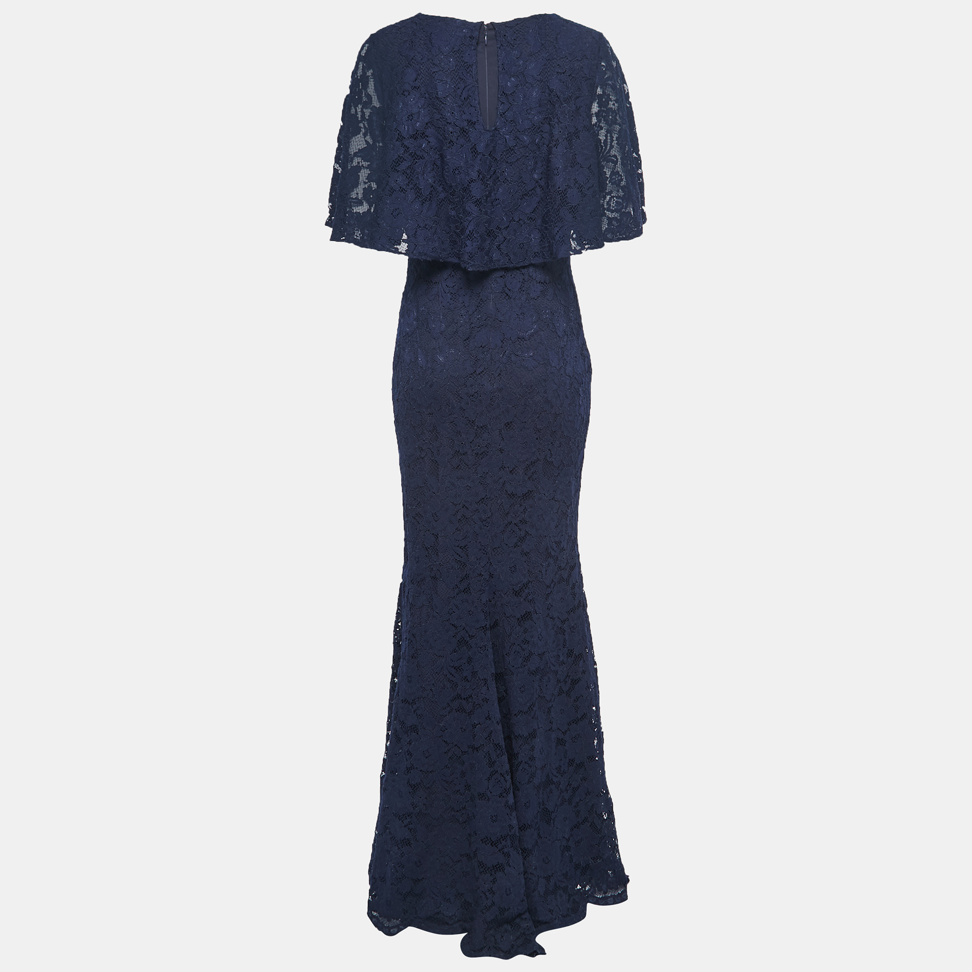 

Badgley Mischka Navy Blue Lace Cape Gown