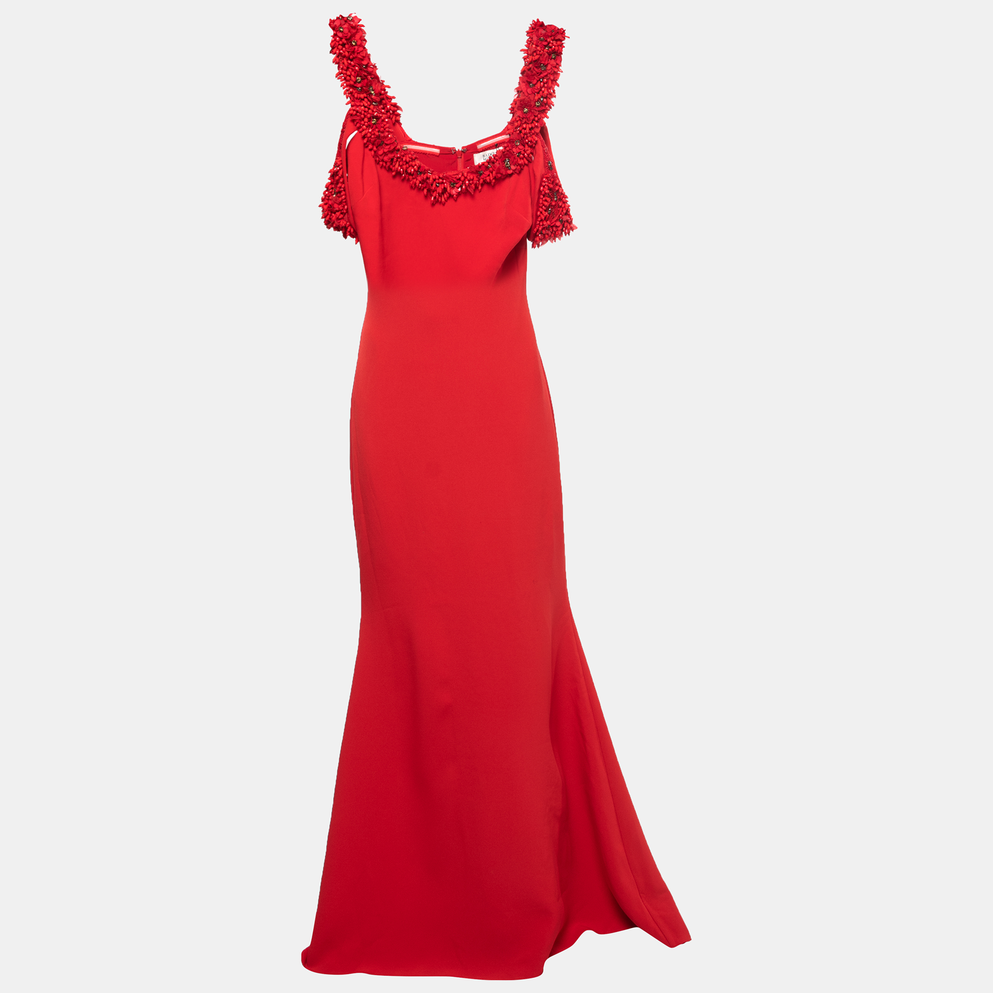 Badgley Mischka Couture Red Crepe Off Shoulder Embellished Long Gown L