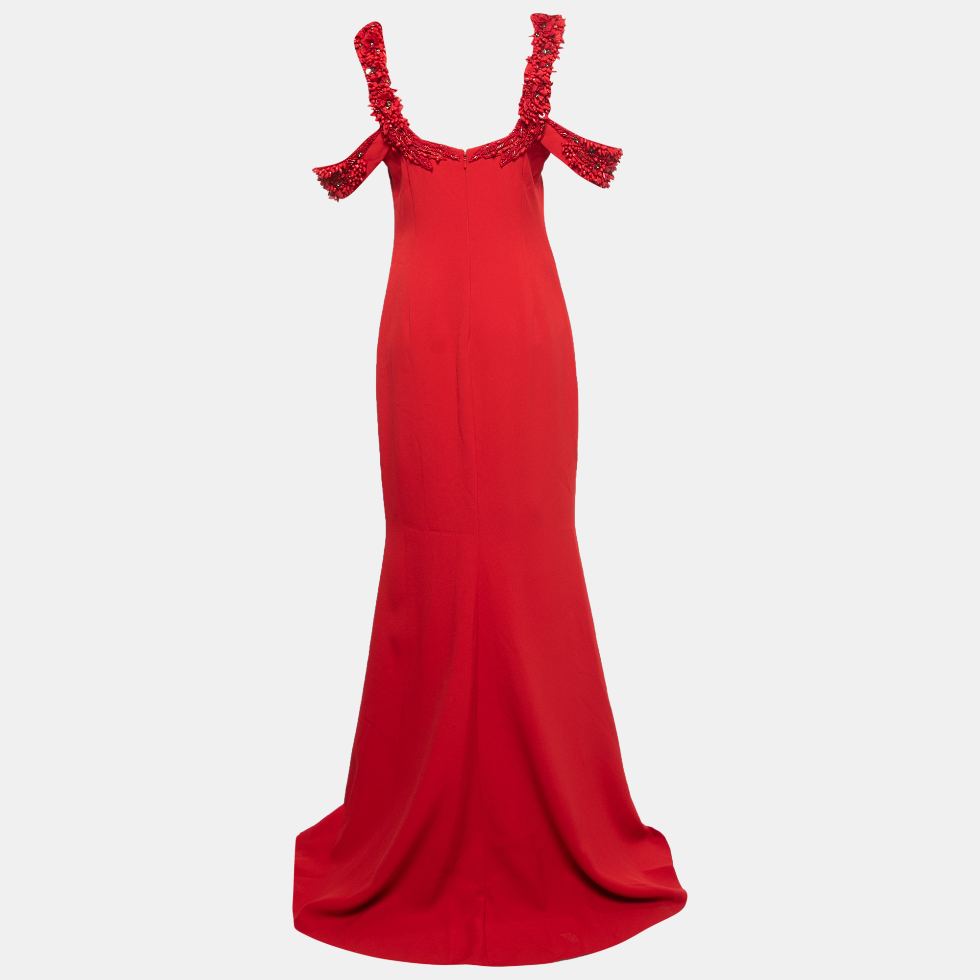 

Badgley Mischka Couture Red Crepe Off Shoulder Embellished Long Gown