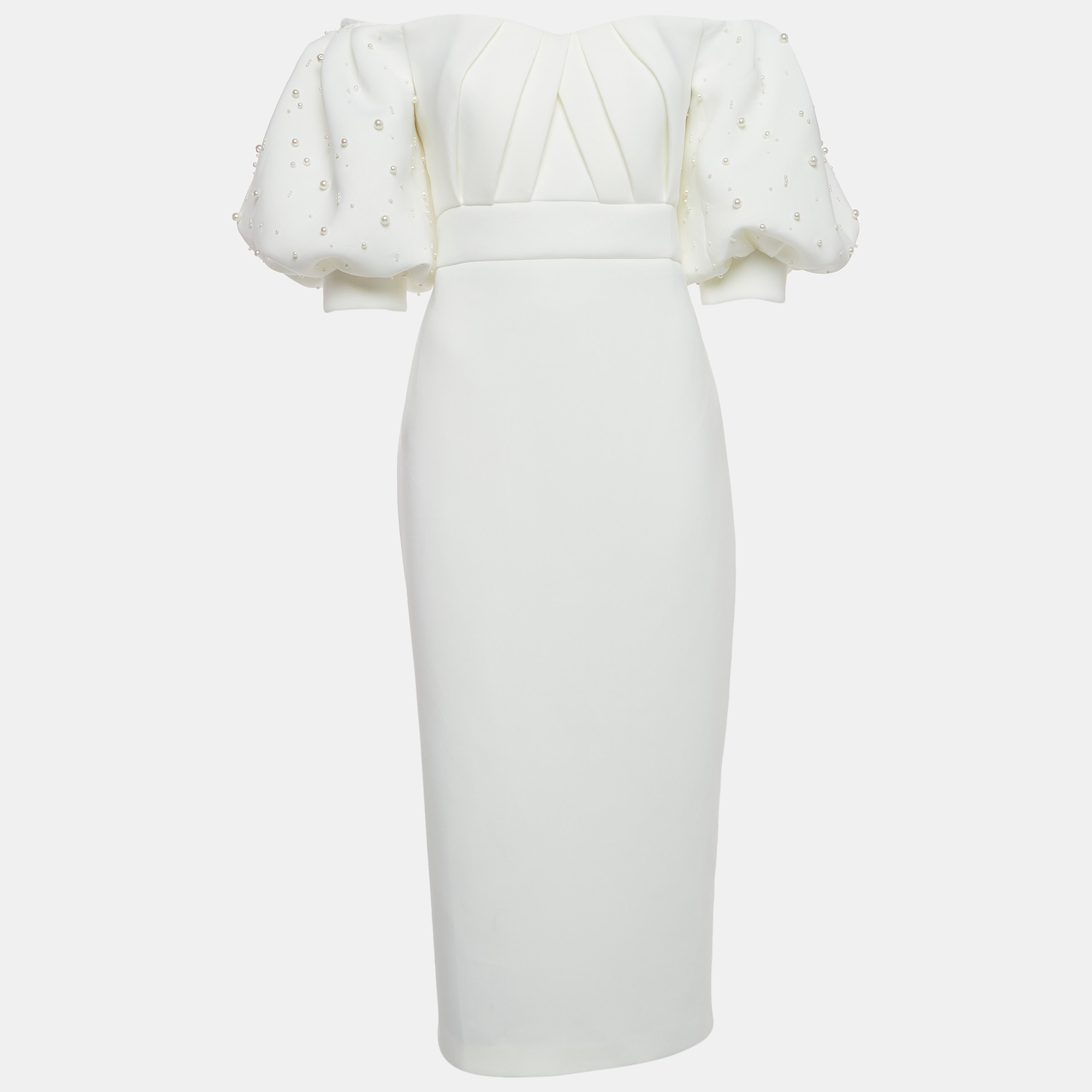 This stylish ivory dress with pearl embellishment exudes elegance and sophistication. Its flattering midi length offers a versatile option for various occasions. Delicate and exquisitely feminine the dress is perfect for evenings dates and even a bridal party.