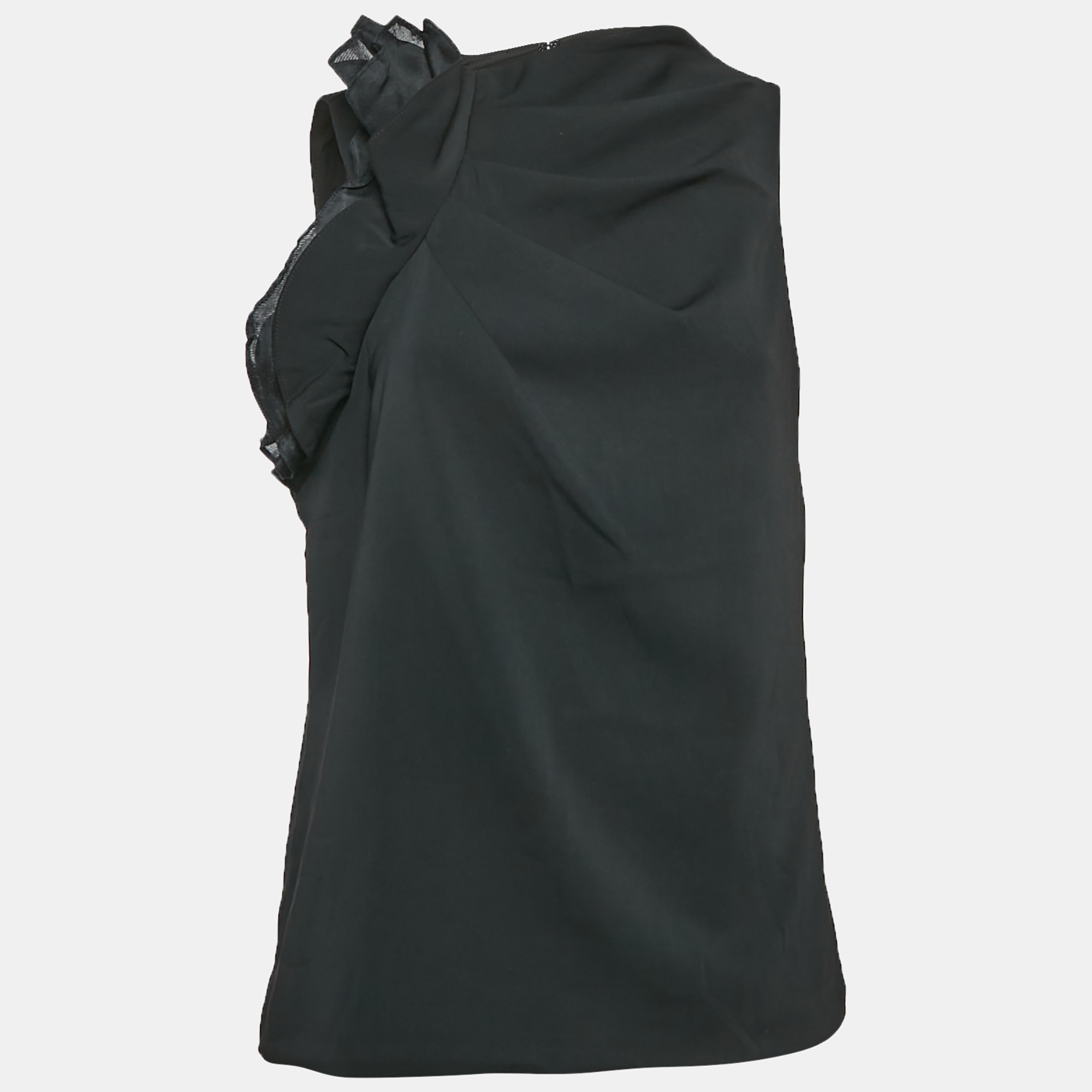 

Badgley Mischka Black Crepe Ruffled Sleeveless Top L